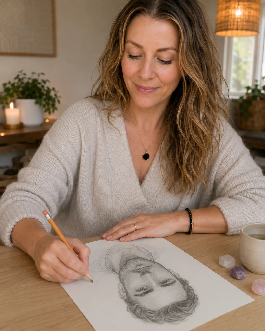 Lisa drawing a soulmate portrait